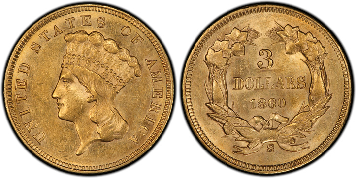 1860-S Three-Dollar Gold Piece. MS-61 (PCGS).